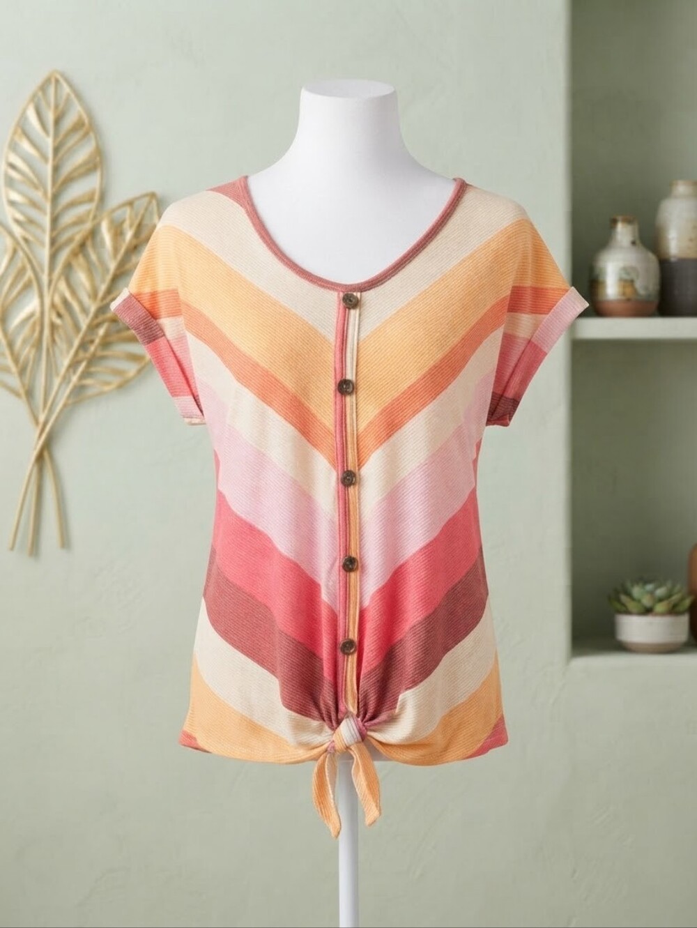 SALE! Vintage Rose Chevron Tie-Front Top - Pink & Orange Boho Sunset Stripes